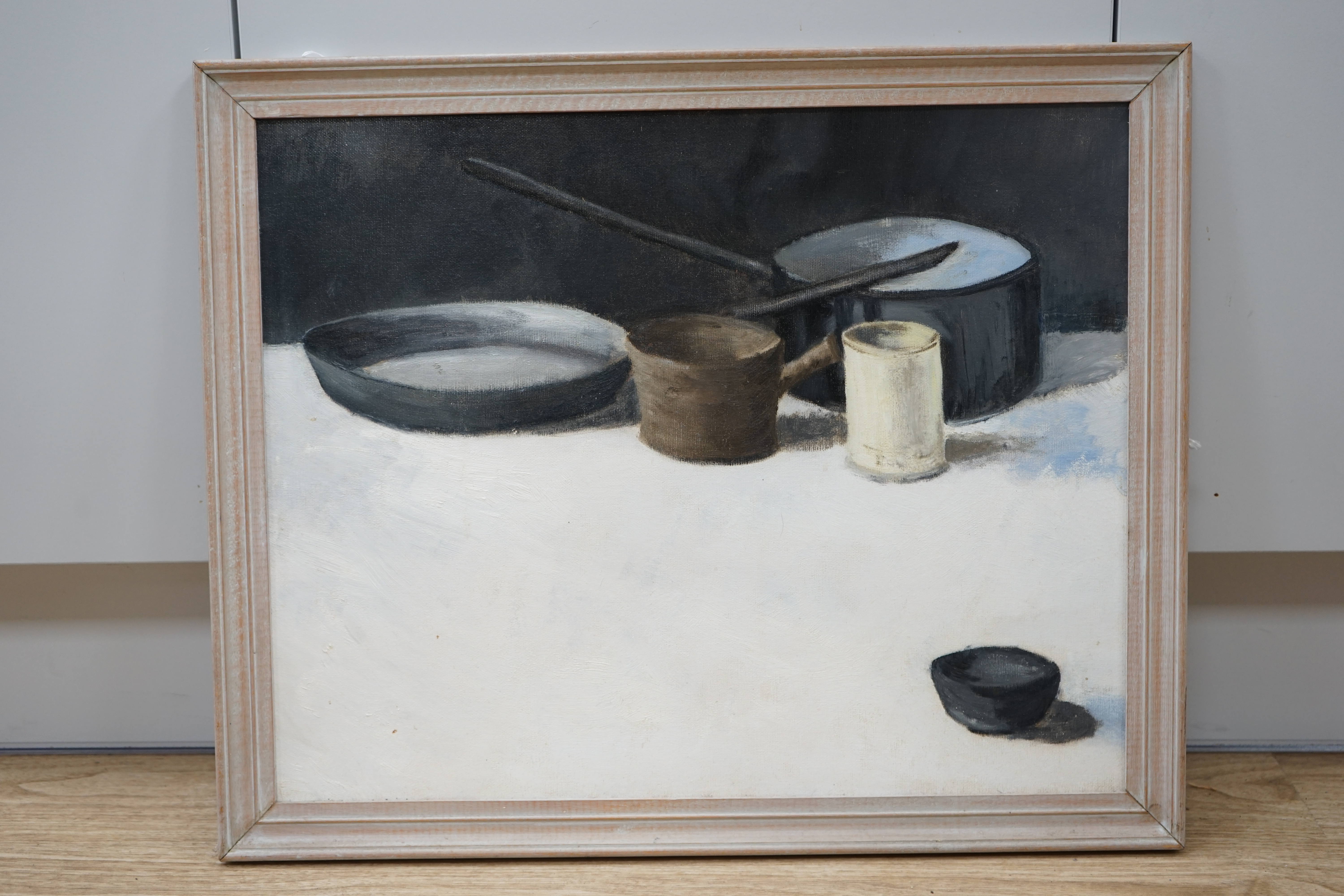 Moller, impressionist oil on board, Still life of vessels, inscribed verso, 39 x 49cm. Condition - good, would benefit from a clean